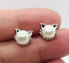 Cute Sterling Silver Diamond & 7mm Genuine Pearl Kitty Cat Earrings