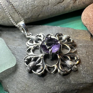 NEW Solid Sterling Silver Amethyst Thistle Necklace Scotland Scottish Celtic 925 - Picture 1 of 11