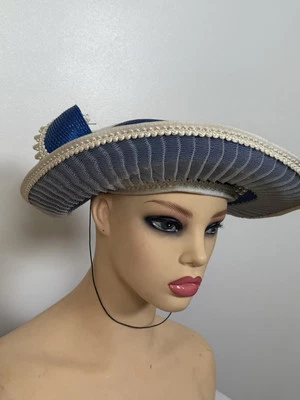 VINTAGE Deborah New York Blue Straw Hat W/ Tulle Pearls Kentucky Derby Church - Image 1 of 4