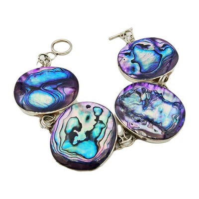 Placa de Prata Roxa Tingida Abalone Painel Link Pulseira 7" Fecho Alternador México - Imagem 1 de 4