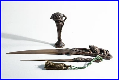 L.Vallot Desk Set Type Deco Bronze Letter Opener At Pettschaft Orig. Box + Cones - Image 1 of 4