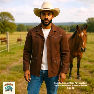 Salbei Mode Vintage 70er Western Style Braun Farbe Polyester Blazer Größe 46 - Bild 1 von 13