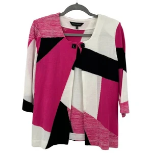 Ming Wang Women's Geometric Print Cardigan Sweater M Pink Black White Open Front - Picture 1 of 9