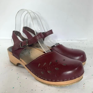 Vollsjo Wine Burgundy Leather Wood Swedish Clogs Mary Jane Ankle Strap - Size 38 - Picture 1 of 13