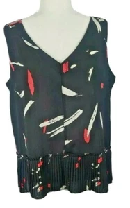 SIONI V NECK WOMEN BLOUSE COLOR BLACK PRINT PLEATED TOP SIZE L SLEEVELESS 11229F - Bild 1 von 12