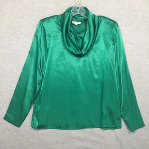 Vtg San Andre Sz 10 Christmas Green Satin Blouse Cowl Neck Shoulder Pads FLAWS - Picture 1 of 14