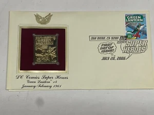 GREEN LANTERN DC COMIC SUPER HEROES 22KT GOLD REPLICA STAMPS FIRST DAY OF ISSUE - Picture 1 of 4