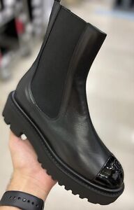 Chanel Black Calfskin Leather CC Combat Ankle Boots