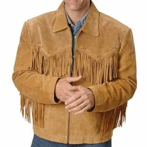 Chaqueta con flecos de cuero gamuza marrón coñac vaquero occidental para hombre de montaña FJ20 - Imagen 1 de 4