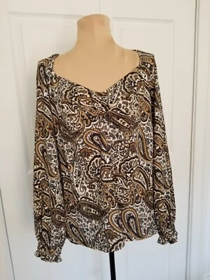 Michael Kors Womens Sweetheart Neck Paisley Print Long Sleeve Tan Knit Top Sz OX - Image 1 of 4