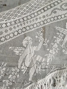 Vintage French CHERUBS MANTELPIECE COVER curtain cotton FILET LACE FRINGES c1930 - Photo 1 sur 24