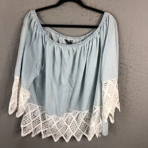 Unique Spectrum Top Womens 2X Plus Size Light Blue Lace Trim Boho Artsy NEW - Picture 1 of 15