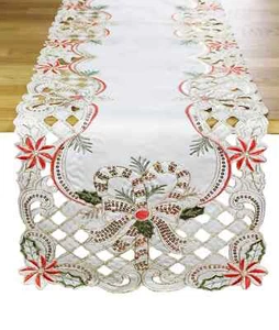 Sequin Holly Bow Christmas Design Ivory Table Runner - Picture 1 of 3