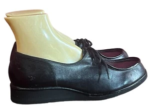 NOS 8.5 W Black Vtg 70s Shoe Leather Wedge Heel Soft Petals Tie 8 1/2 Wide Women - Picture 1 of 8