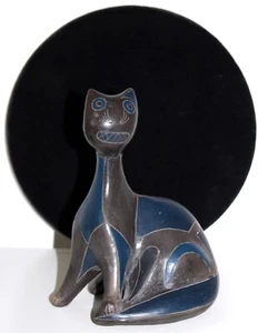 Manuel Felguerez Barra CAT Figurine Black Pottery w Blue Mid Century - Picture 1 of 8