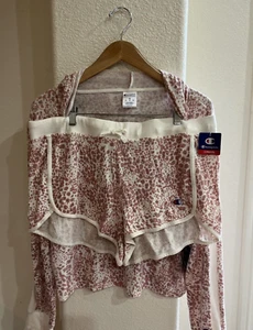 CHAMPION Women's Cropped HACCI SLEEP SET Pink Beige LEOPARD PRINT Size XL COMFY! - Picture 1 of 10