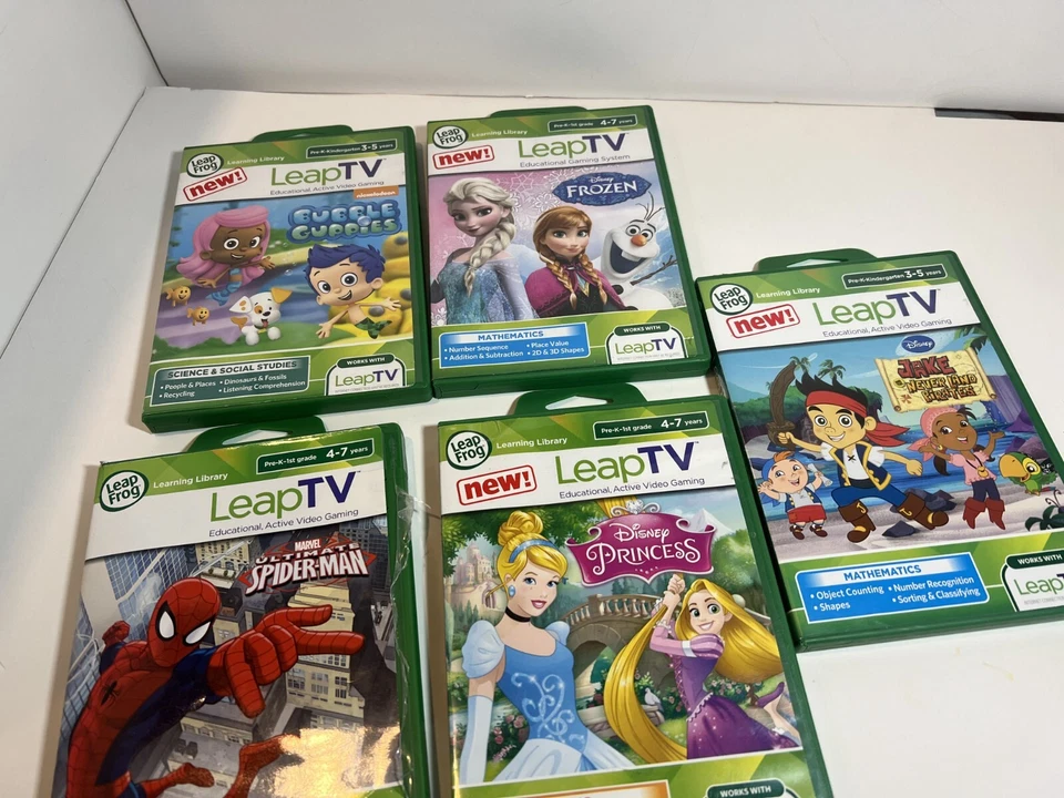 LEAP TV EDUCATIONAL VIDEO GAMES LOT OF 5 FROZEN + SPIDER-MAN + PRINCESSES+ JAKE - Image 1 of 1