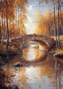 AUTUMN STONE BRIDGE ART PRINT, Forest River Decor, Tree Fall Landscape Poster - Picture 1 of 2