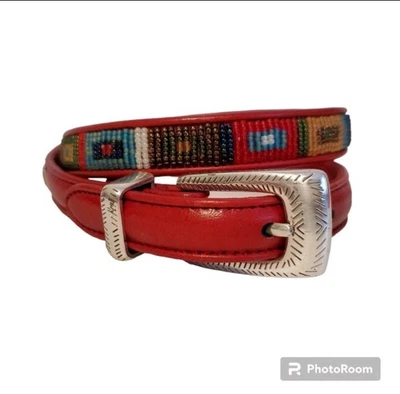 Брайтон размер M/30 красный кожаный многоцветный стеклянные бусины узкий ремень серебряная пряжка - Изображение 1 из 4
