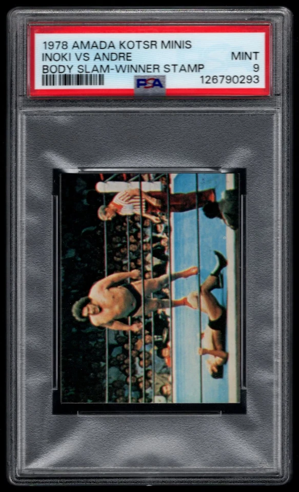 Sello ganador Amada Mini Body Slaam 1978 raro Andre the Giants Inoki PSA 9 Foto 1 de 3