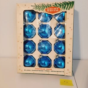 12 Vtg MCM Shiny Brite Blue Aqua Glass Christmas Tree Ornaments in Original Box - Picture 1 of 9