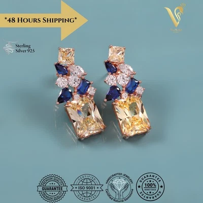 925 Sterling Silver Italian Earrings Vintage Yellow Blue Stone Dangle 5A Rhodium - Image 1 of 4