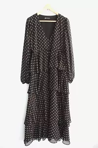 Zara Maxi Dress Womens L Large Black Polka Dot Tiered Long Sleeve Flowy Boho - Picture 1 of 22