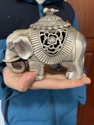 Quemador de incienso incensario elefante grande animal dinastía de plata china antigua de 5,2" Foto 1 de 4