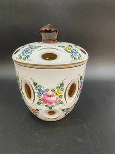 Vintage Czech Bohemian White Cased Amber Cut Glass Lidded Dish Compote Jar Bowl - Picture 1 of 12