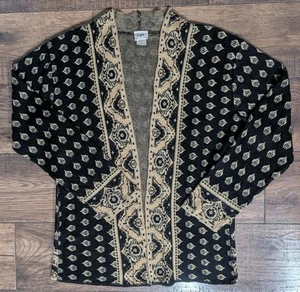 Cárdigan de acrílico abierto Daytrip para mujer negro y dorado con acento de cachemira talla mediana EE. UU. - Imagen 1 de 17