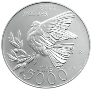 SAN MARINO 5000 LIRE 2001 (DOVE - OLIVE BRANCH) SILVER Commem. Coin (KM#431) UNC - Picture 1 of 5
