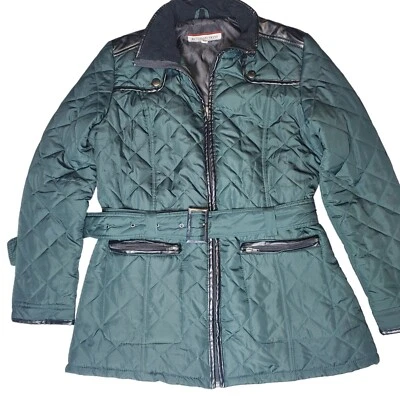 Mujer XL Acolchado Puffer Chaqueta Cinturón Verde Oscuro Colecciones KC Imitación Cuero Borde Foto 1 de 4