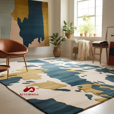 Modern Abstract Blue & Beige Area Rug – Designer Carpet – Living Room Decor 9x12 - Image 1 of 3