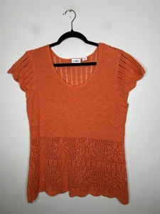 Cato Crochet Cotton Knit Top Cap Sleeve Orange Floral Weave Back Size Medium - Picture 1 of 9