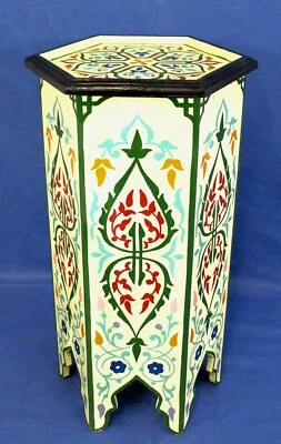 Moroccan Pedestal Table Tall Painted Cream Color Solid Wood Authentic Home Decor - Image 1 of 4