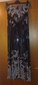 Strapless dress - size 12 - black satin/white leafy/paisley pattern/back tie bow - Picture 1 of 3