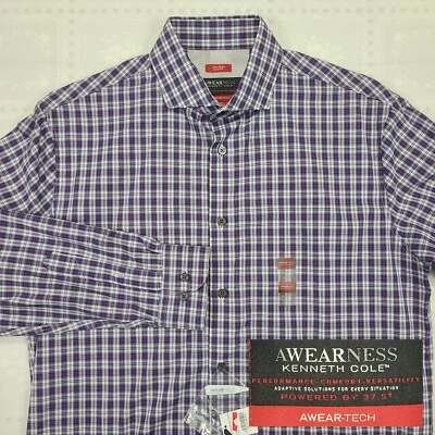 Camisa de Vestir Kenneth Cole Aweartech 16 32/33 Calce Ajustado Azul Rojo Cuadros Nueva con Etiquetas #i55 Foto 1 de 4