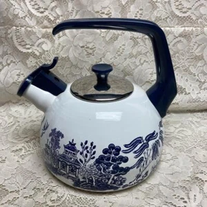 Vintage, Heritage Mint Blue Willow Enamelware Tea Kettle 9in W x 7.5in H - Picture 1 of 9