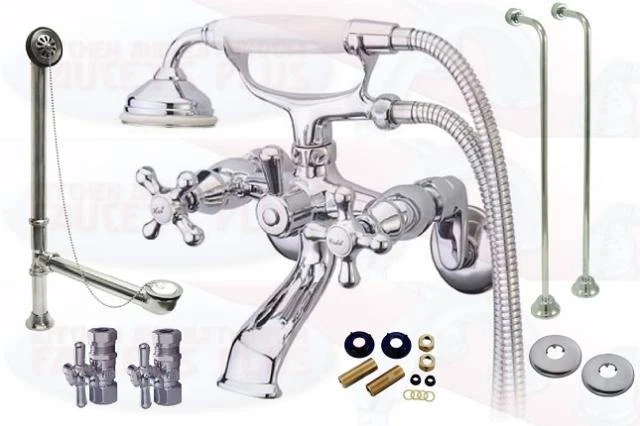 Chrome Clawfoot Tub Faucet Drain Supplies Stops Kit New - Image 1 of 1
