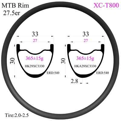 Llanta de bicicleta de carbono Superlight 27,5er 33x30 mm sin gancho sin cámara MTB XC rueda de bicicleta Foto 1 de 4