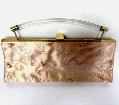 Harry Levine HL 1950s Clutch Purse Gold Embroidered Hide Away Lucite Handle VTG - Image 1 of 4