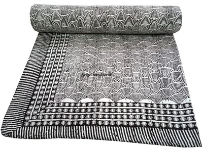 Block printed kantha Throw, Reversible Bedspread Queen Sofa /Quilt/Blanket/Quilt - Image 1 of 4