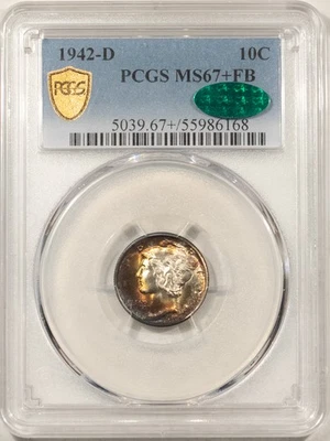 1942-D MERCURY DIME - PCGS MS-67+ FB, ABSOLUTELY GORGEOUS! CAC APPROVED! - Image 1 of 3