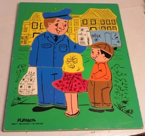 Rompecabezas de madera vintage Playskool entrega lechero 17 piezas bandeja de madera completa 195-7 - Imagen 1 de 7