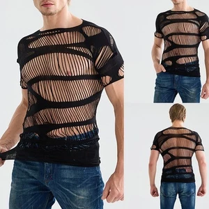 Men's Sexy Mesh T Shirts Short Sleeve Hollow Out O Neck Underwear Tops - Picture 1 of 8
