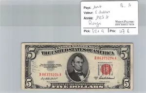 Banknote USA - 5 Dollars 1953 A - Red B86375204A - Pick 381 A - Picture 1 of 2