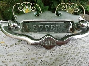 Antique Art Deco Chrome Front Door Letterbox Cover Stamped 'Knock' & 'Letters'