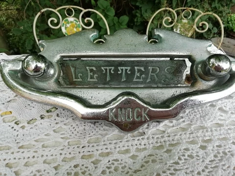 Antique Art Deco Chrome Front Door Letterbox Cover Stamped 'Knock' & 'Letters' Cover