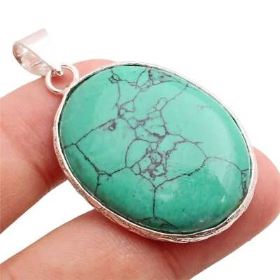 Turchese Gemma 925 Ciondolo Placcato Argento Handmade Gioielli Regalo 3.7cm - Immagine 1 di 3