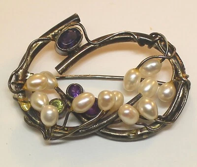STERLING SILVER FREE FORM PIN - PEARL with AMETHYST, PERIDOT and IOLITE - Image 1 of 3